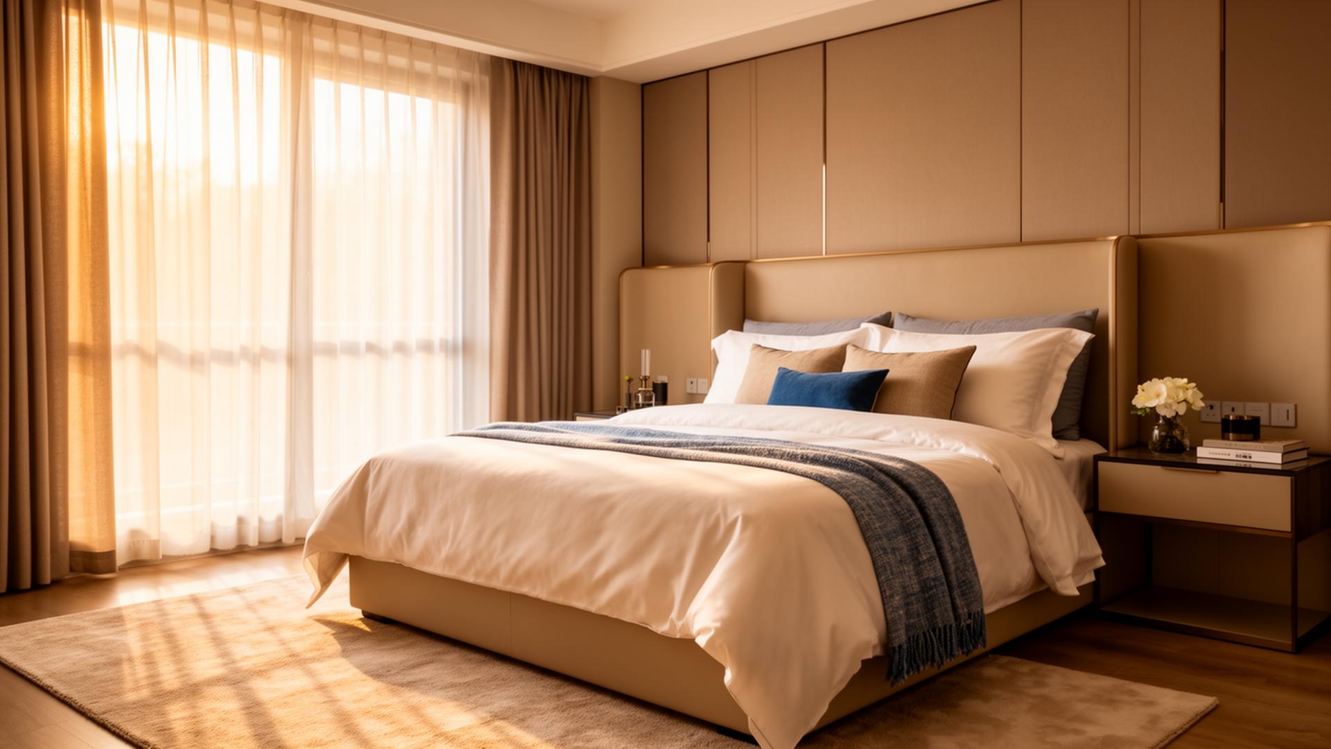 Quarto moderno com cama de casal e iluminação acolhedora